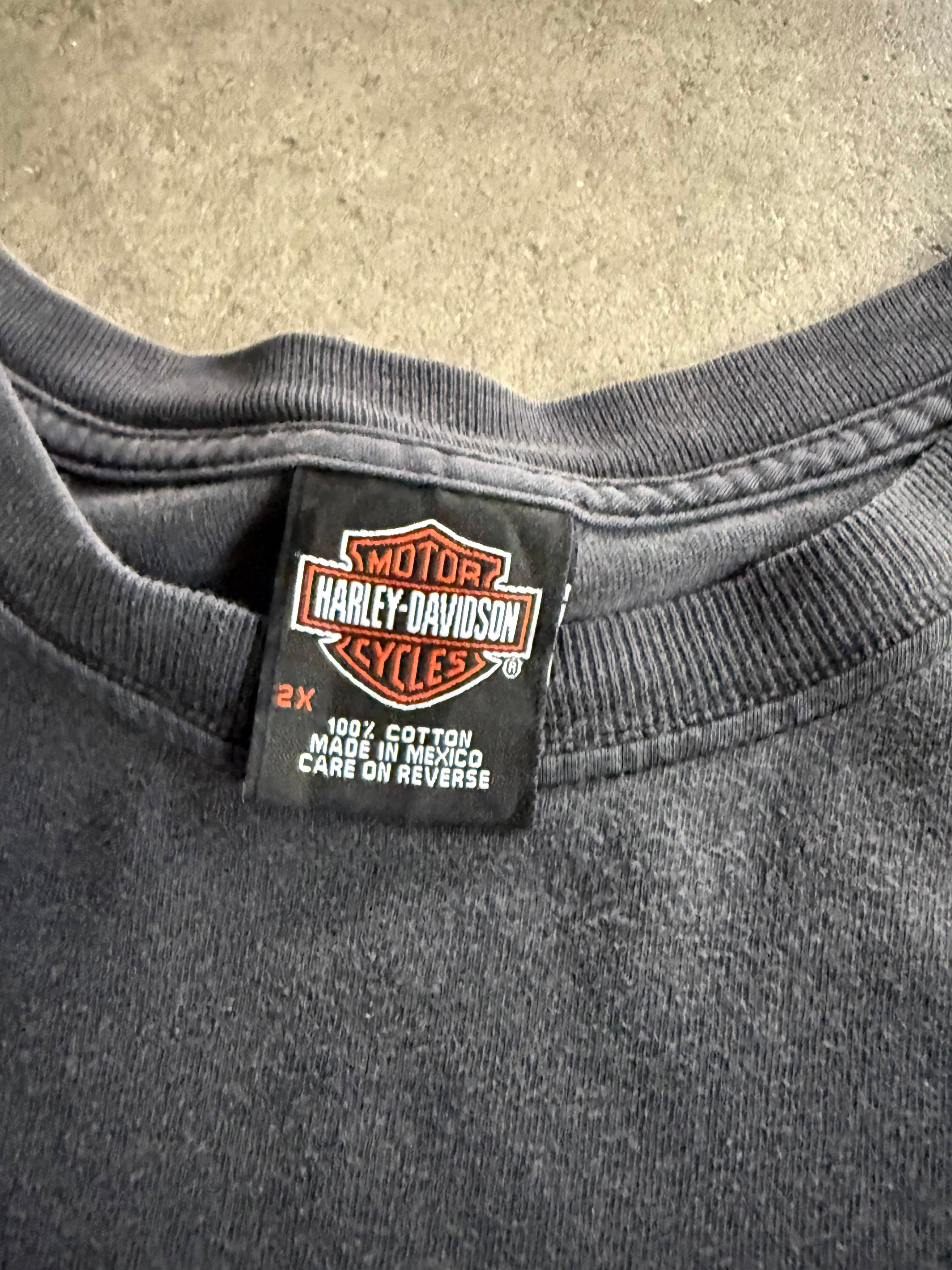 2000S HARLEY DAVIDSON RED EAGLE CHROME LOGO LONG ISLAND FADED BLACK T-SHIRT (XXL)