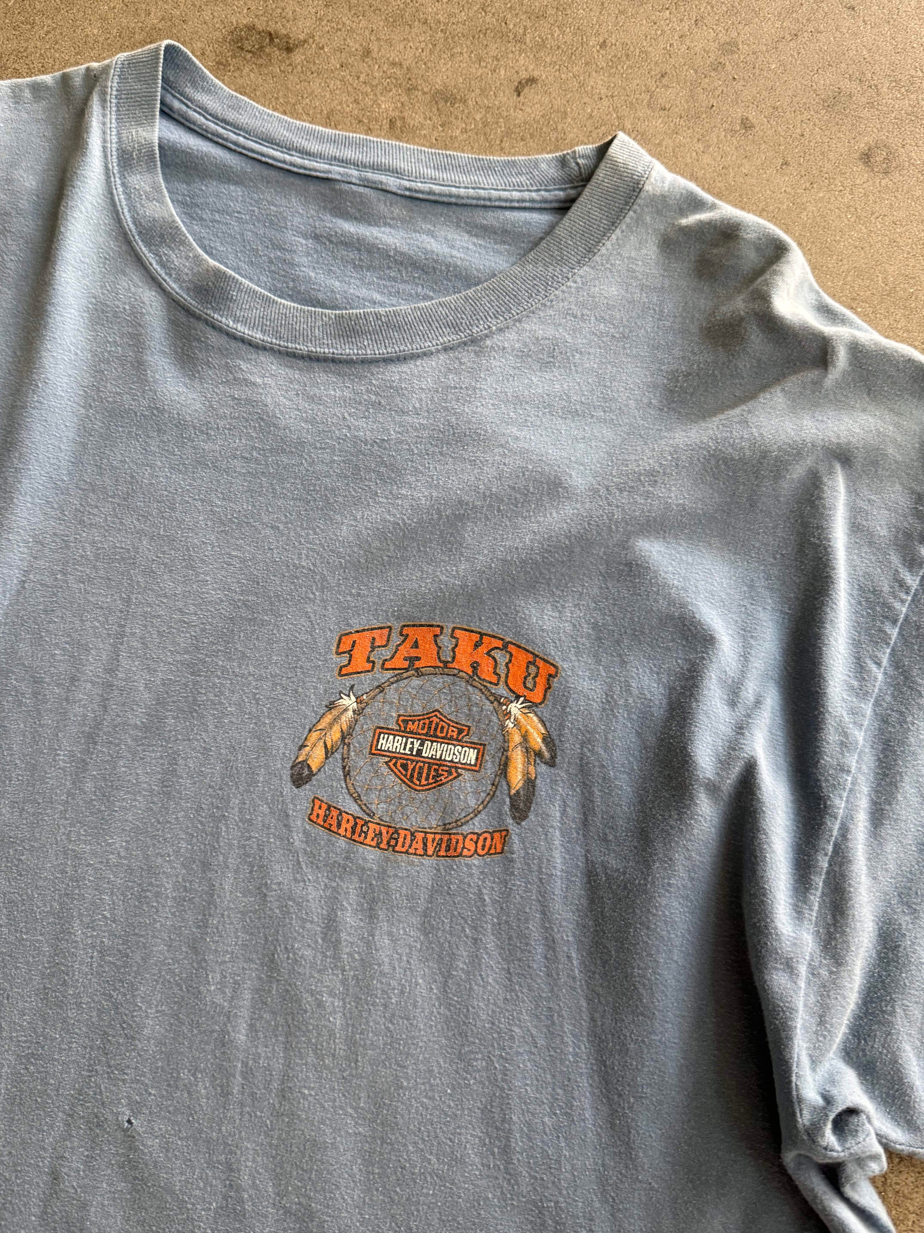 2000S HARLEY DAVIDSON TAKU FADED BLUE T-SHIRT (XXL)