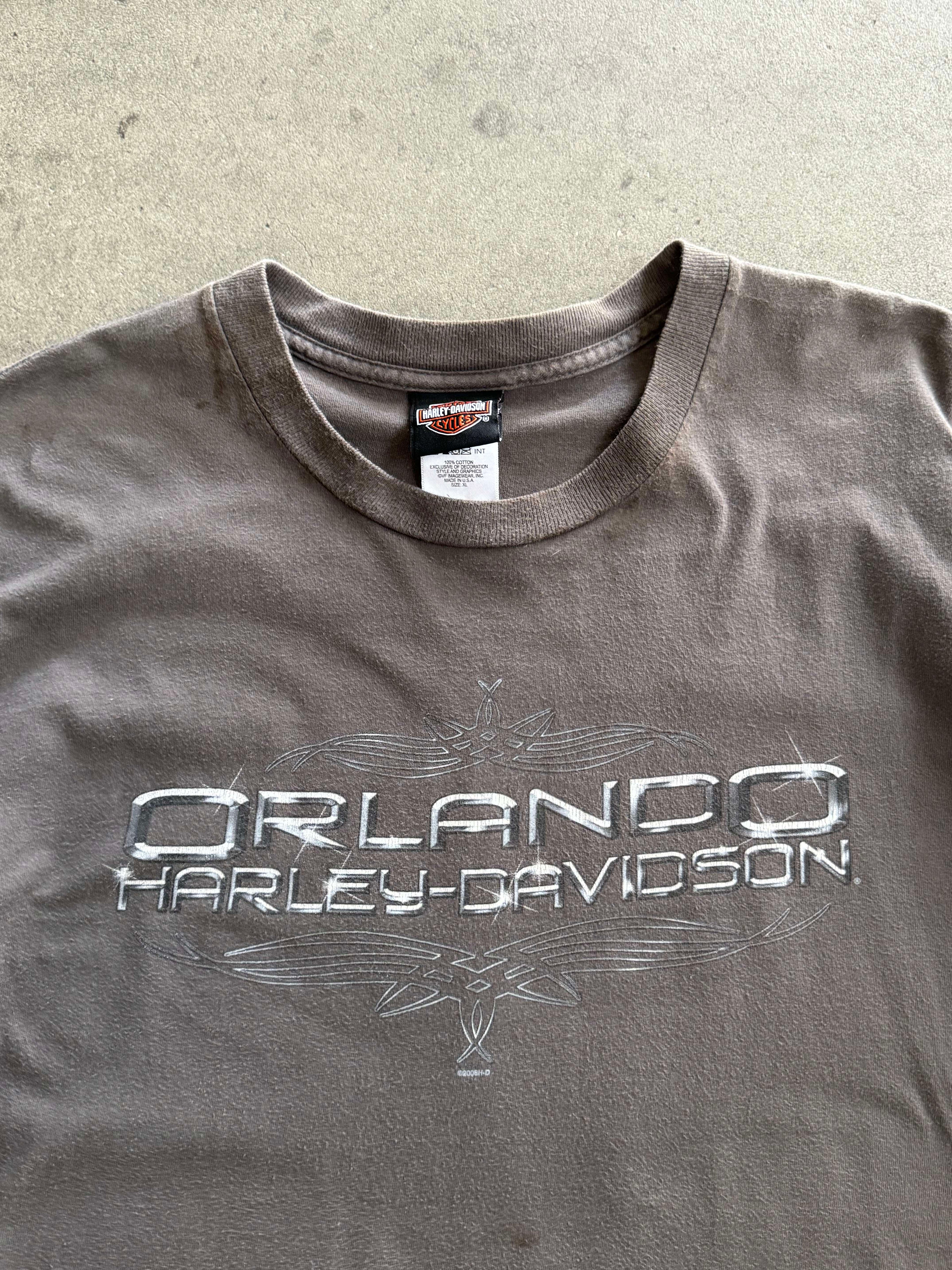 2000S HARLEY DAVIDSON ORLANDO CHROME LOGO FADED AND TRASHED T-SHIRT (XL)