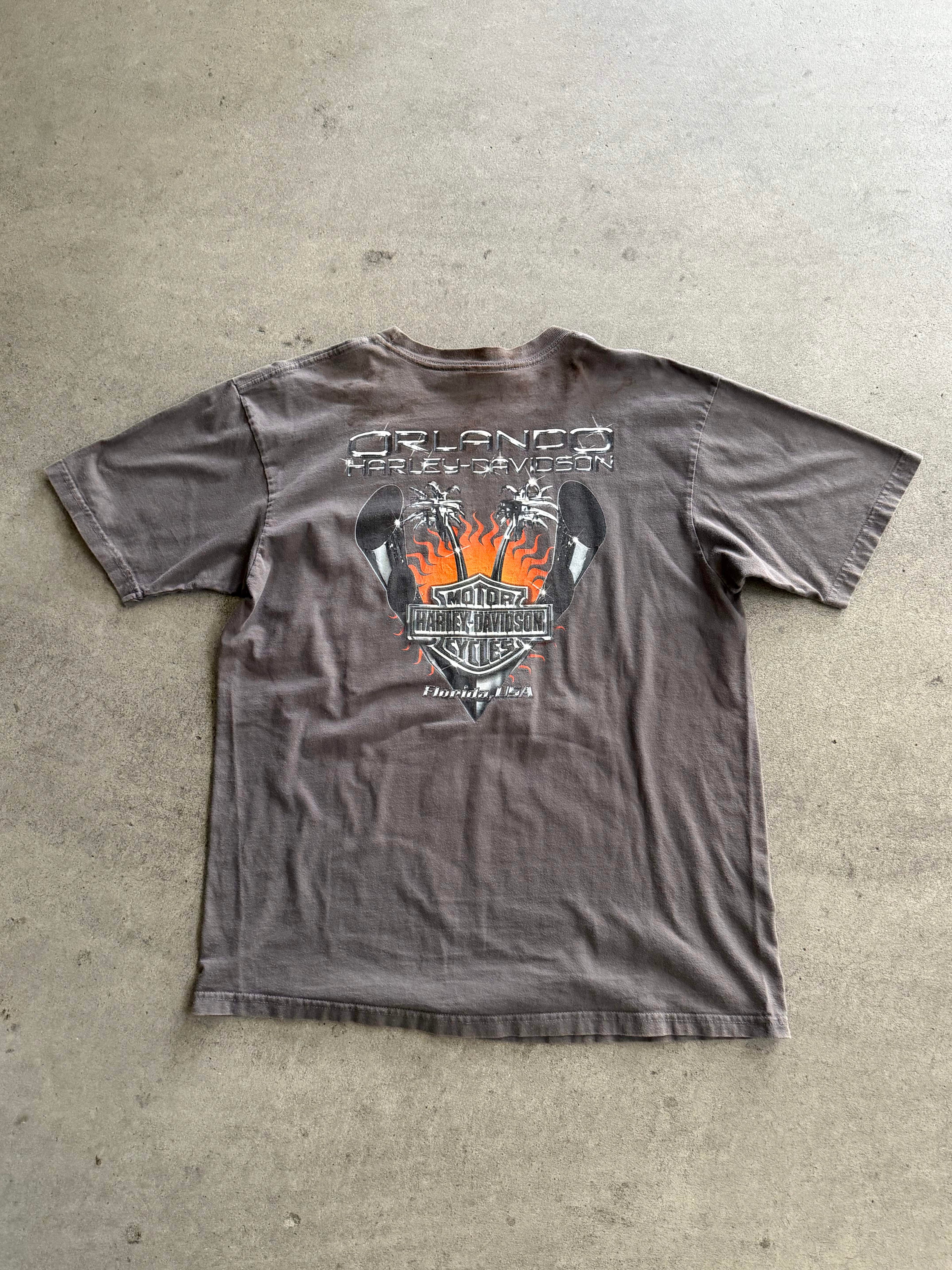 2000S HARLEY DAVIDSON ORLANDO CHROME LOGO FADED AND TRASHED T-SHIRT (XL)
