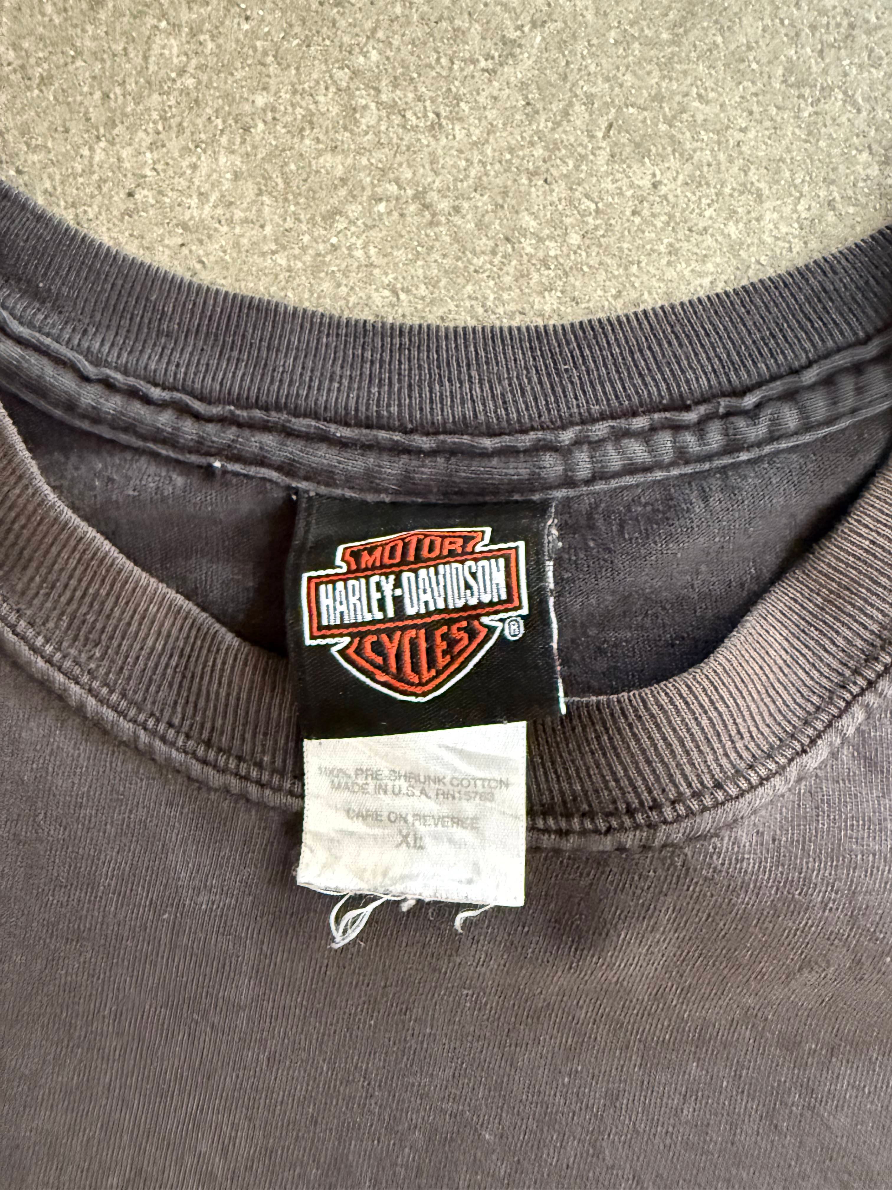 2000S HARLEY DAVIDSON UNCLE SAM SUNFADED BLACK & TRASHED VINTAGE T-SHIRT (XL)