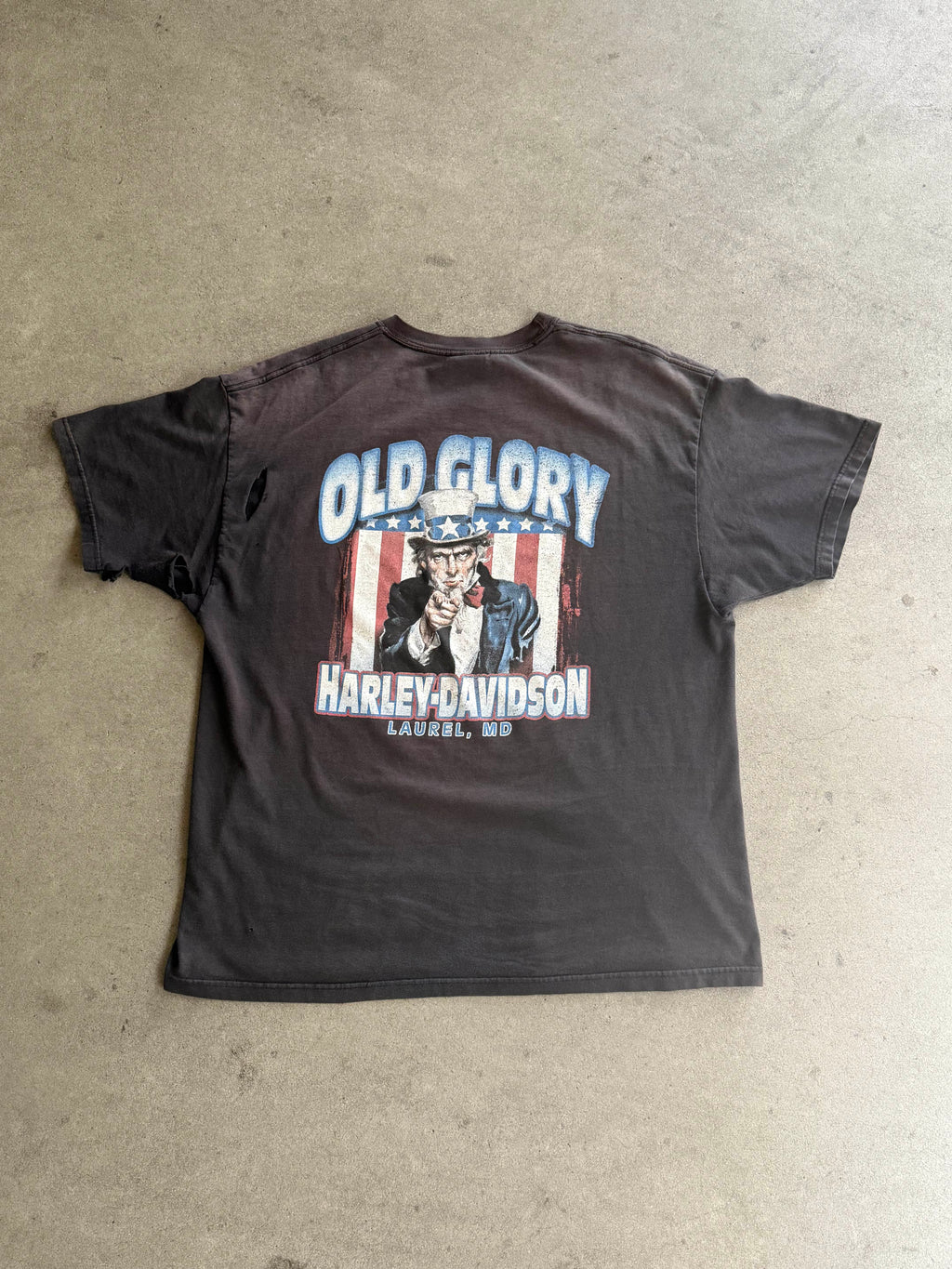 2000S HARLEY DAVIDSON UNCLE SAM SUNFADED BLACK & TRASHED VINTAGE T-SHIRT (XL)
