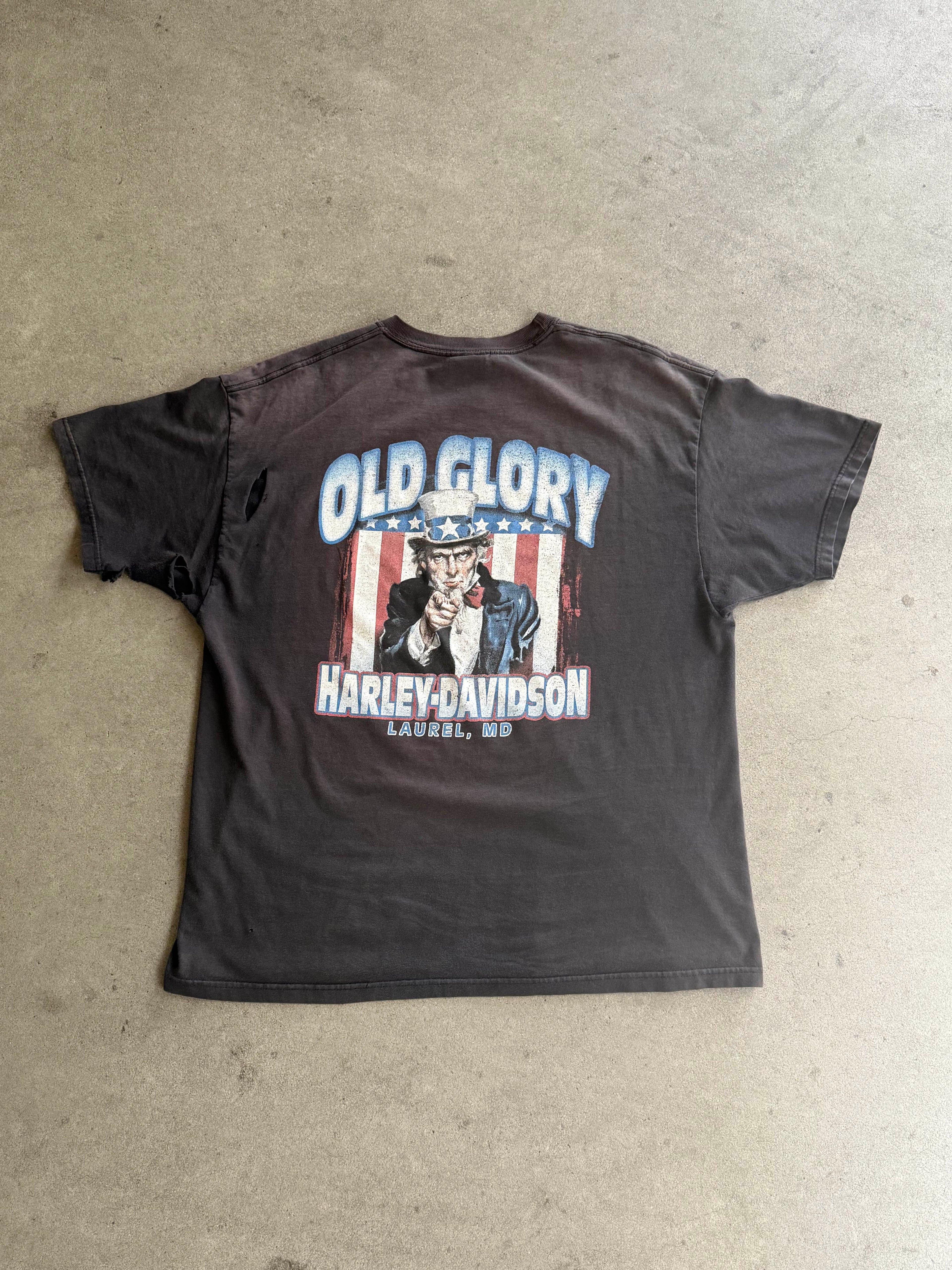2000S HARLEY DAVIDSON UNCLE SAM SUNFADED BLACK & TRASHED VINTAGE T-SHIRT (XL)