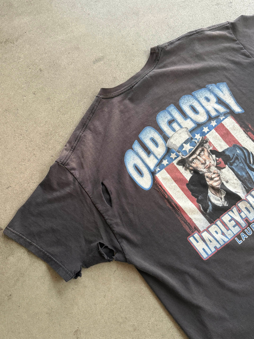 2000S HARLEY DAVIDSON UNCLE SAM SUNFADED BLACK & TRASHED VINTAGE T-SHIRT (XL)