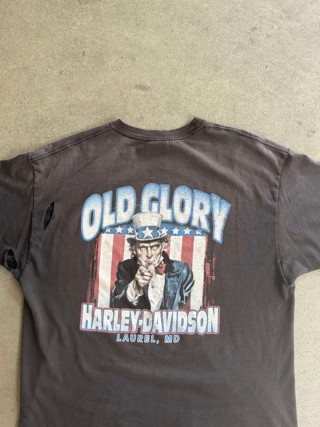 2000S HARLEY DAVIDSON UNCLE SAM SUNFADED BLACK & TRASHED VINTAGE T-SHIRT (XL)