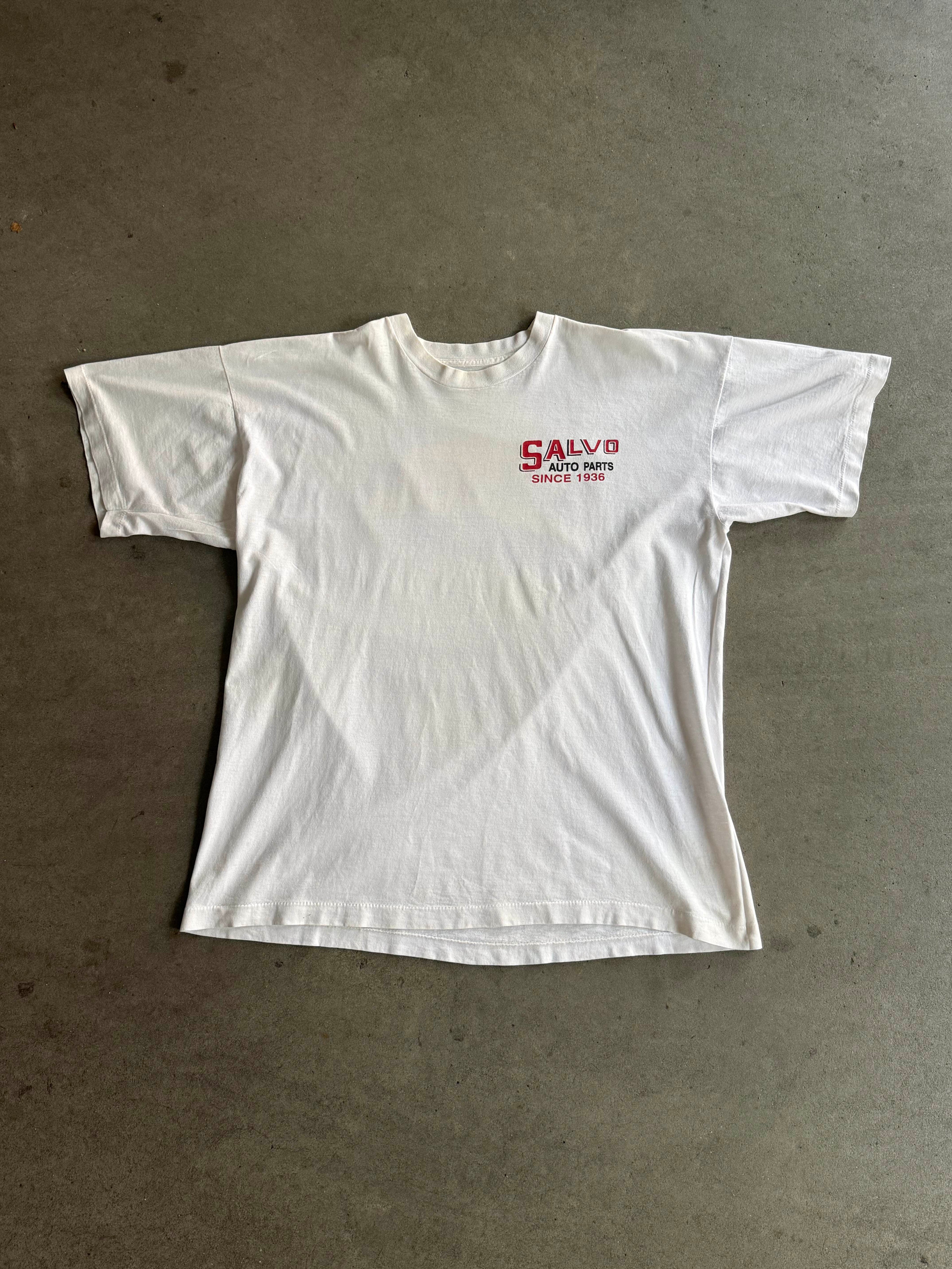 90S VINTAGE SALVO AUTO PARTS GARAGE SINGLE STITCH T-SHIRT (XL)