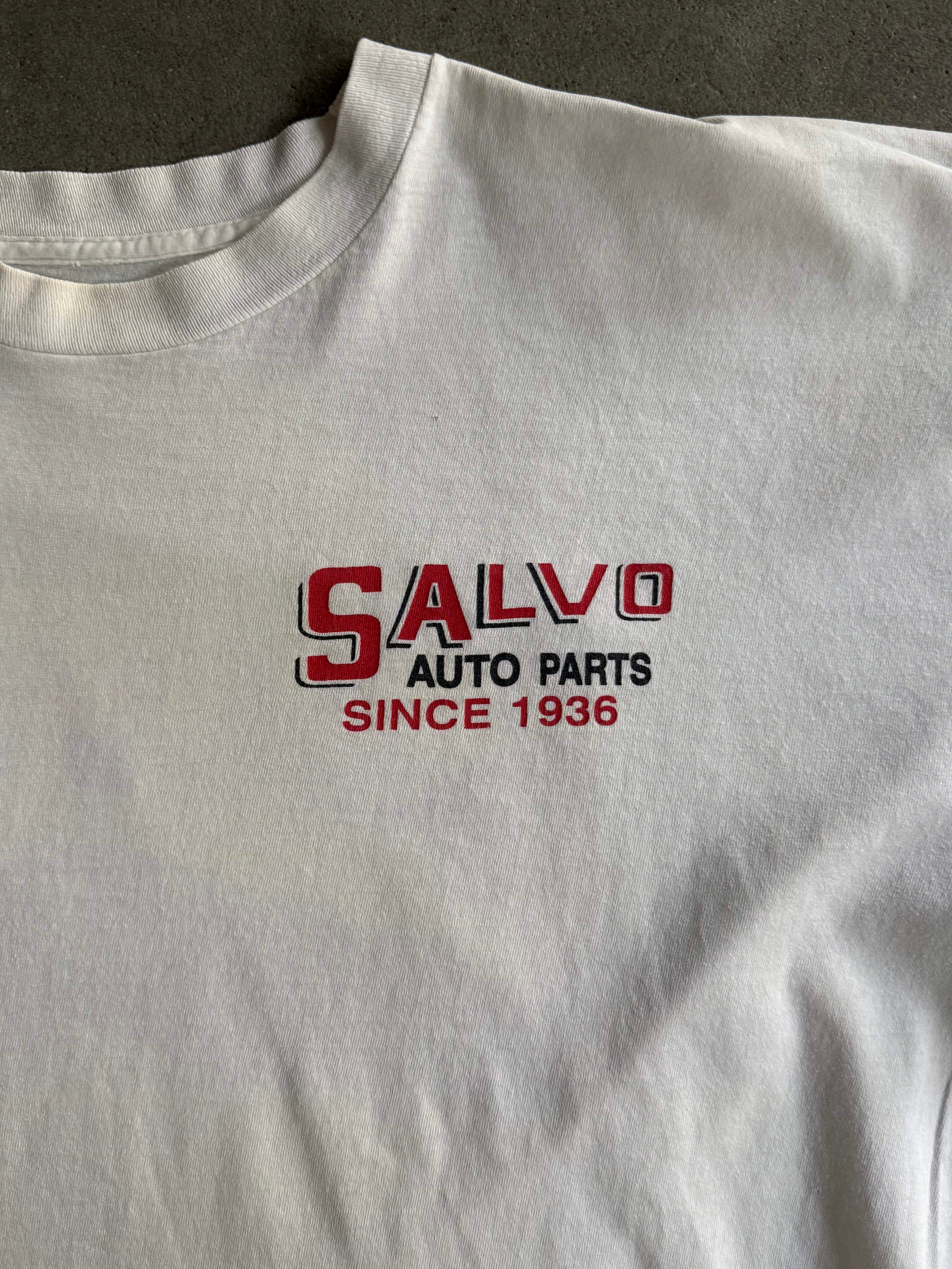 90S VINTAGE SALVO AUTO PARTS GARAGE SINGLE STITCH T-SHIRT (XL)