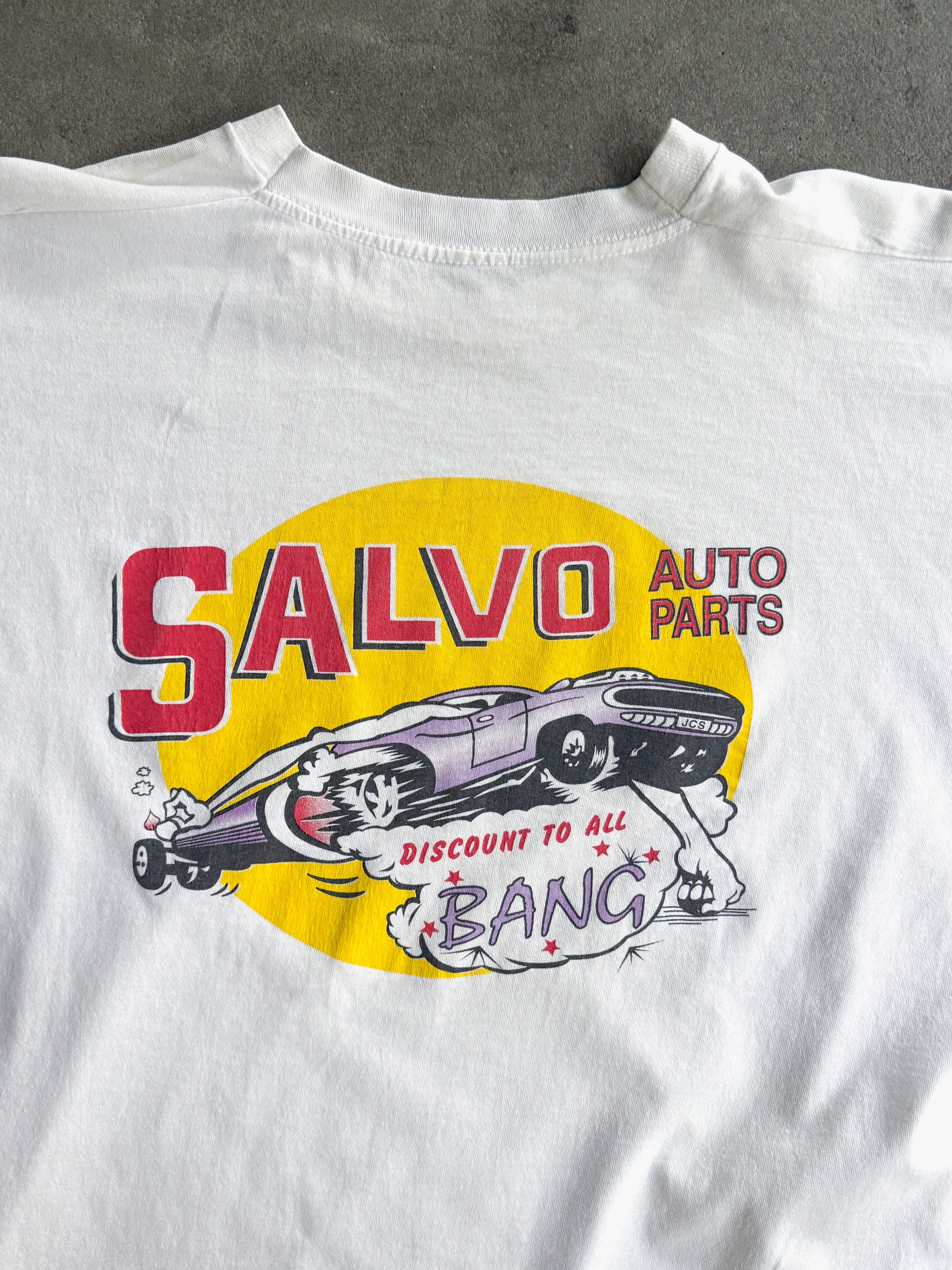 90S VINTAGE SALVO AUTO PARTS GARAGE SINGLE STITCH T-SHIRT (XL)