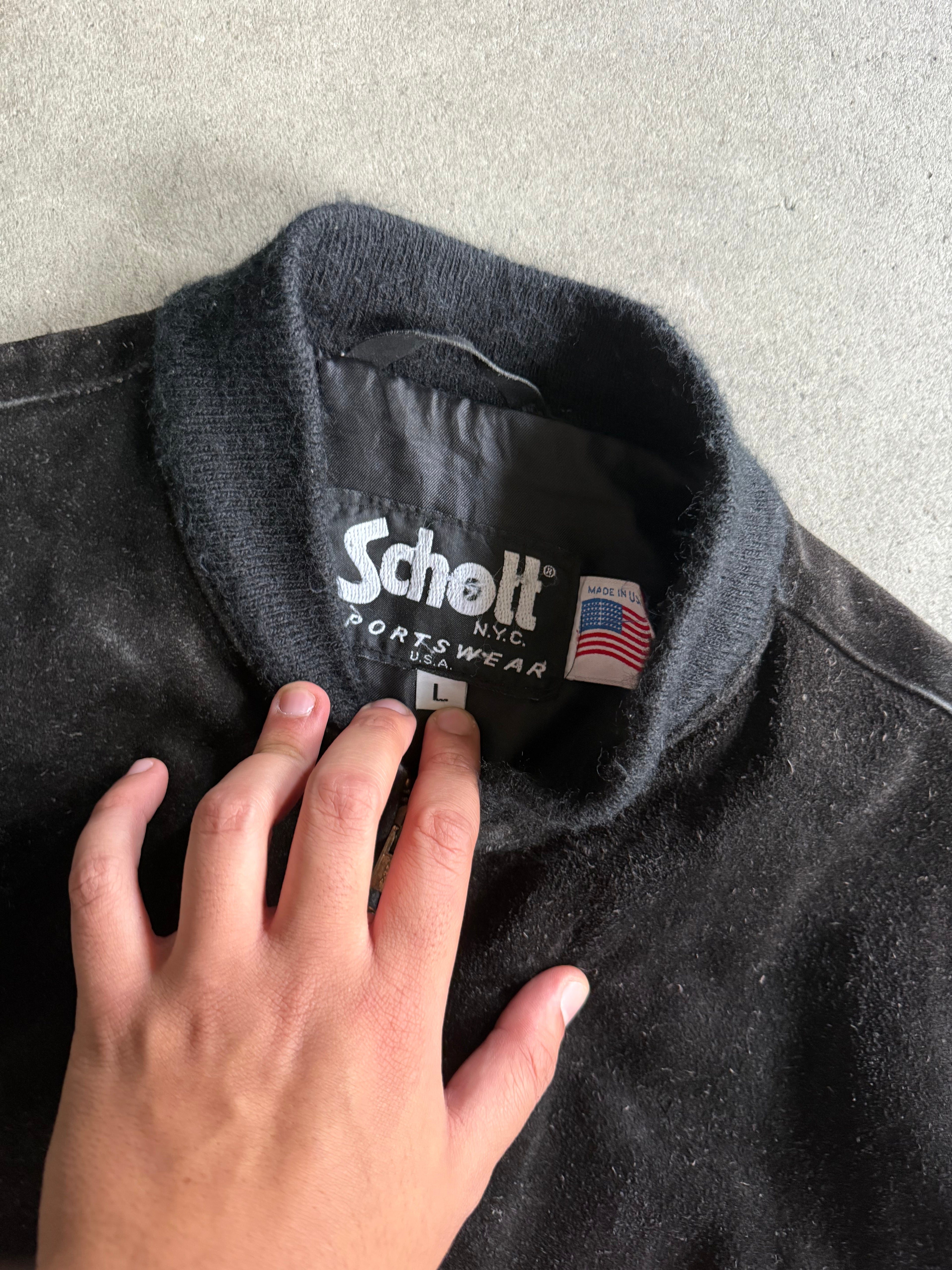 1980S SCHOTT SUEDE BOMBER COLLEGE VINTAGE LEATHER JACKET (L)