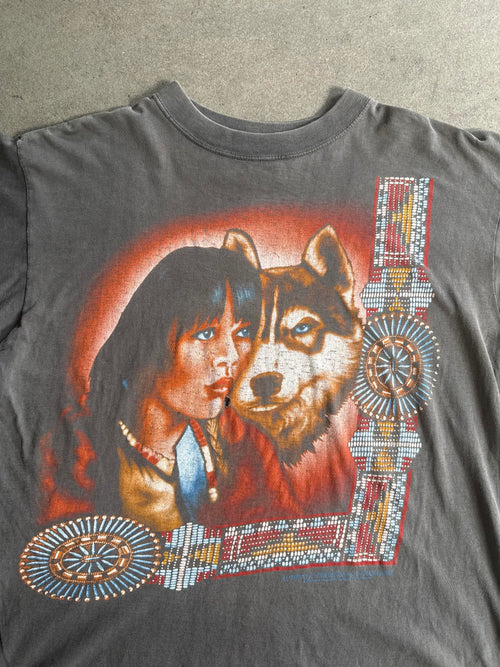 1990S SUN FADED NATIVE PORTRAIT & HUSKY GRAPHIC TEE (L)