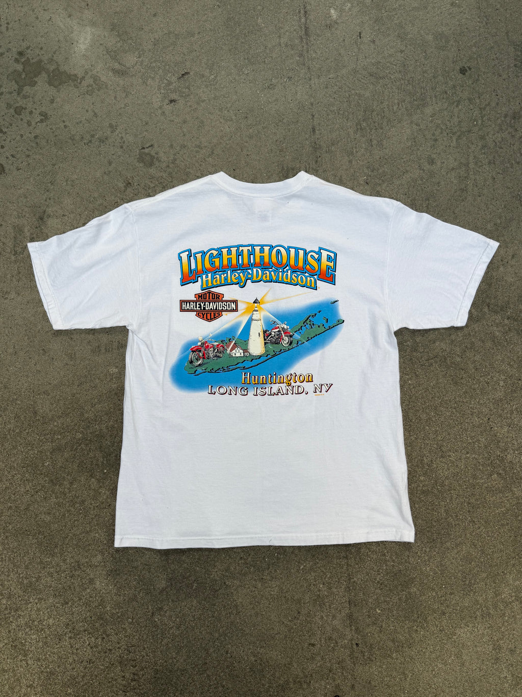 2000S HARLEY DAVIDSON LIGHTHOUSE LONG ISLAND VINTAGE POCKET TEE (L)