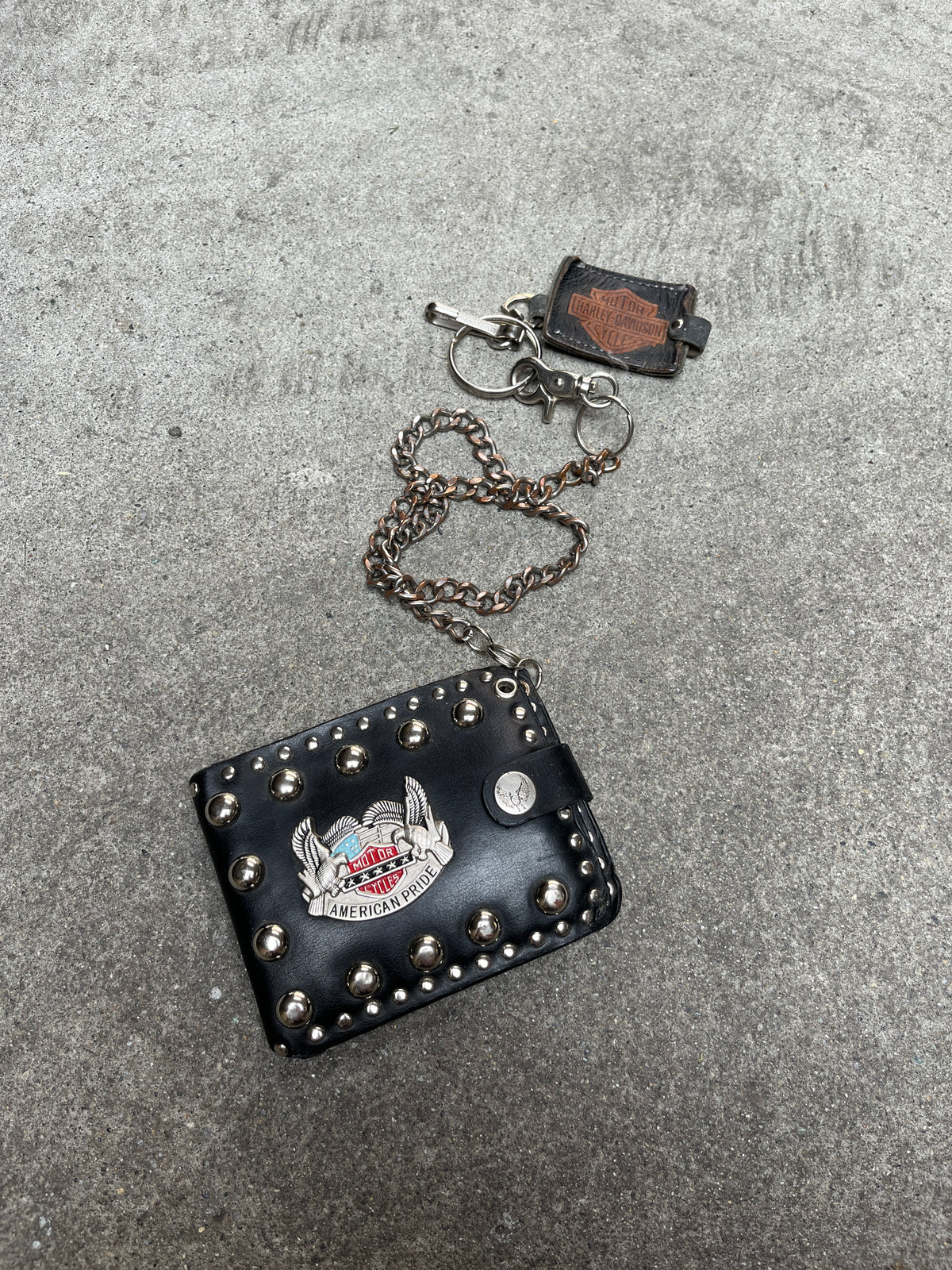 1990S VINTAGE HARLEY DAVIDSON STUDDED LEATHER BIKER TRUCKER CHAIN WALLET