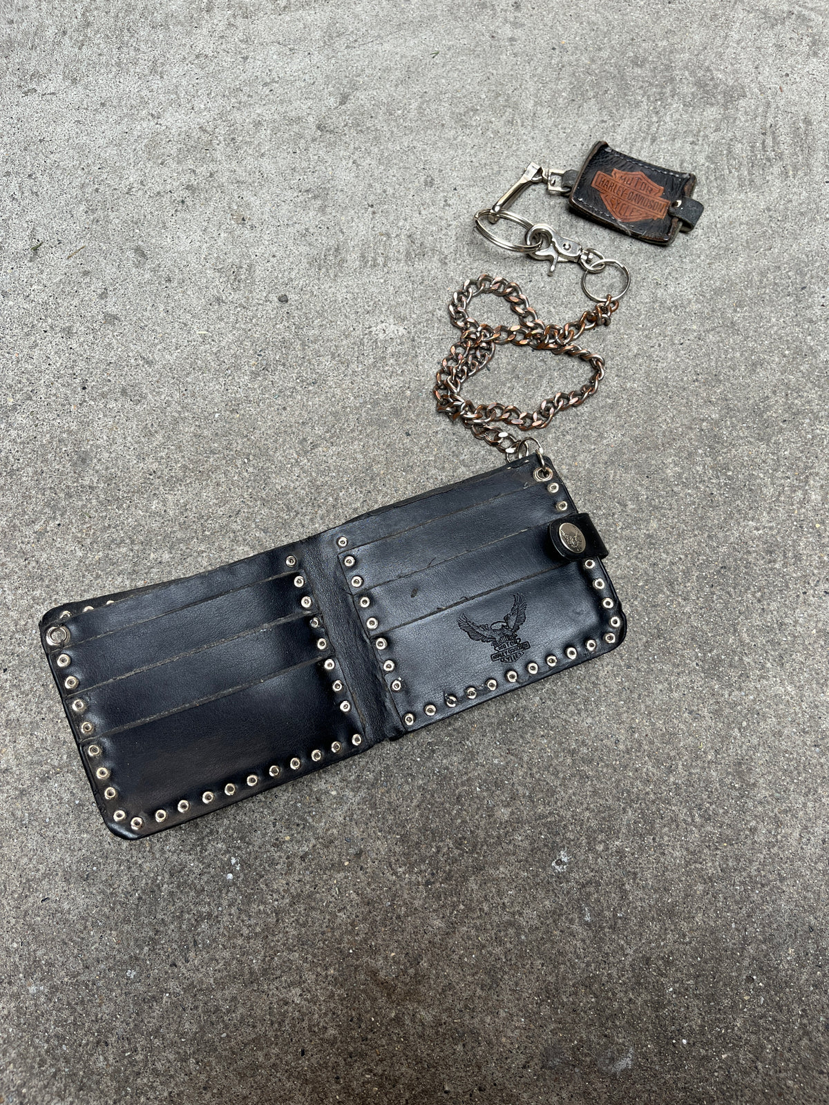 1990S VINTAGE HARLEY DAVIDSON STUDDED LEATHER BIKER TRUCKER CHAIN WALLET