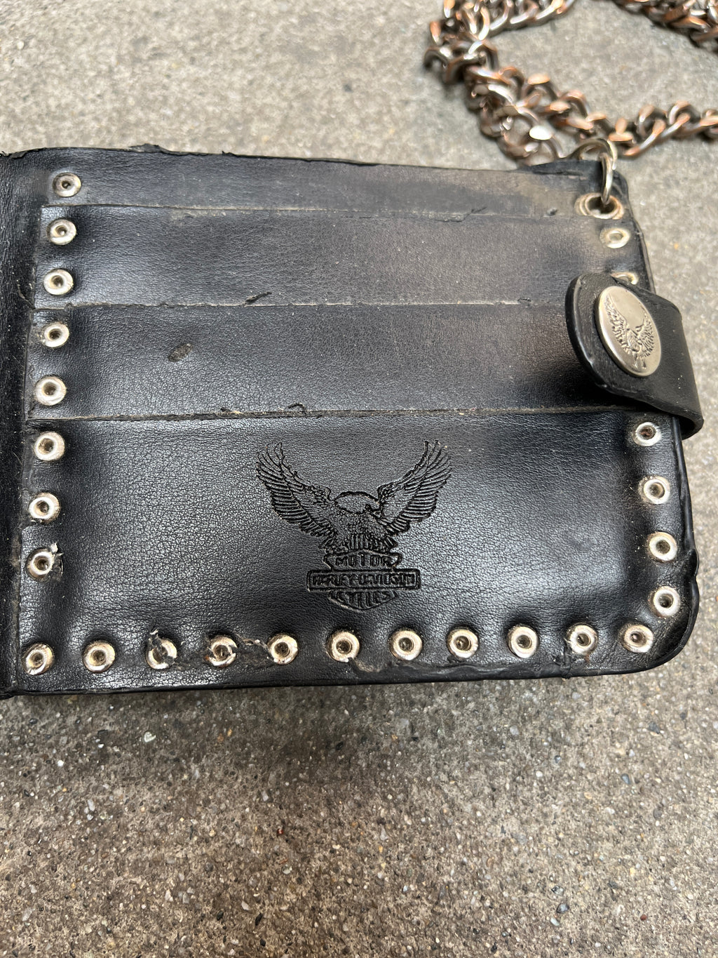1990S VINTAGE HARLEY DAVIDSON STUDDED LEATHER BIKER TRUCKER CHAIN WALLET
