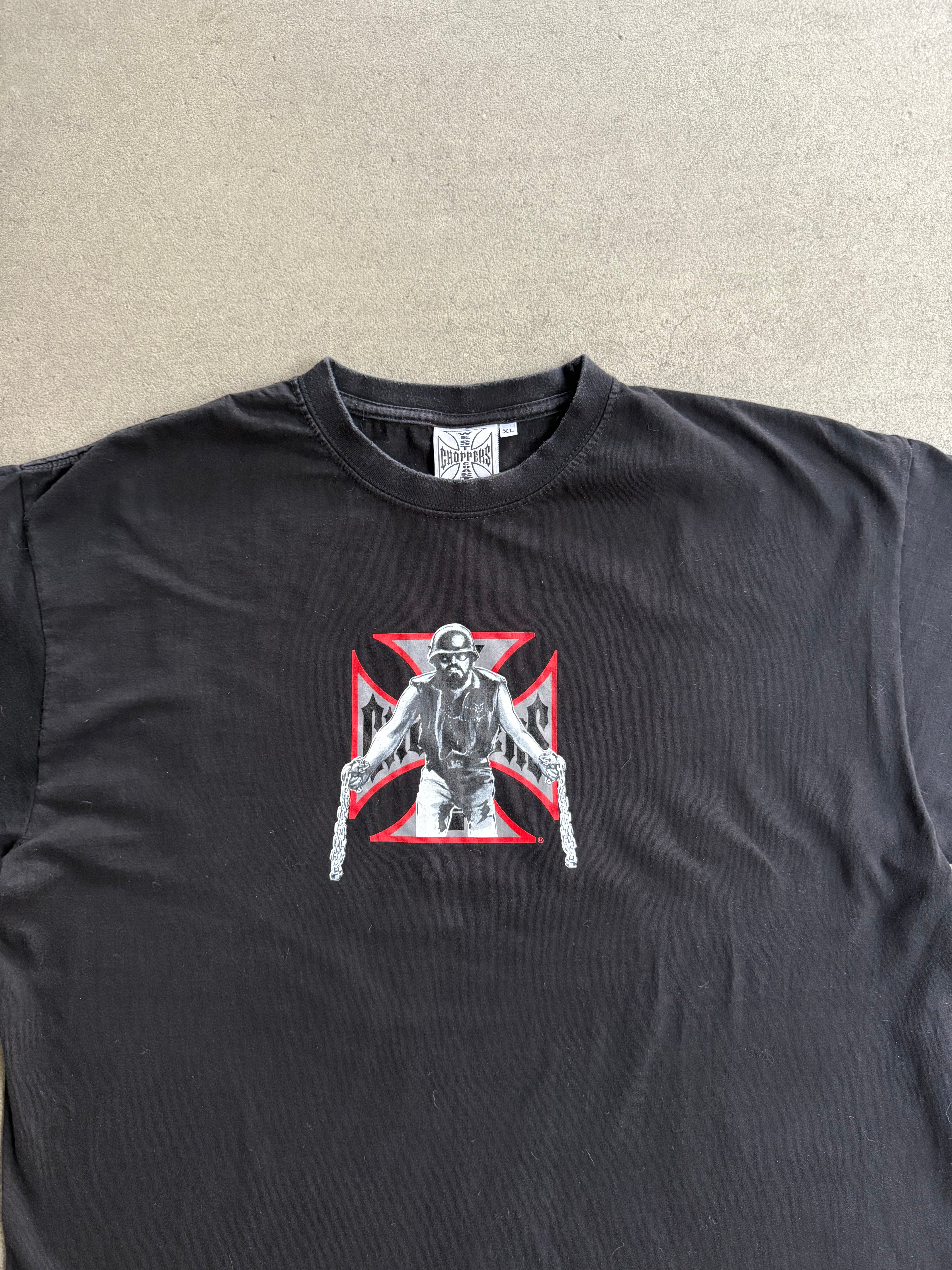 2000S WEST COAST CHOPPERS - "MOTORCYCLES ARE DANGEROUS" - EUROPEAN TAG T-SHIRT (L)