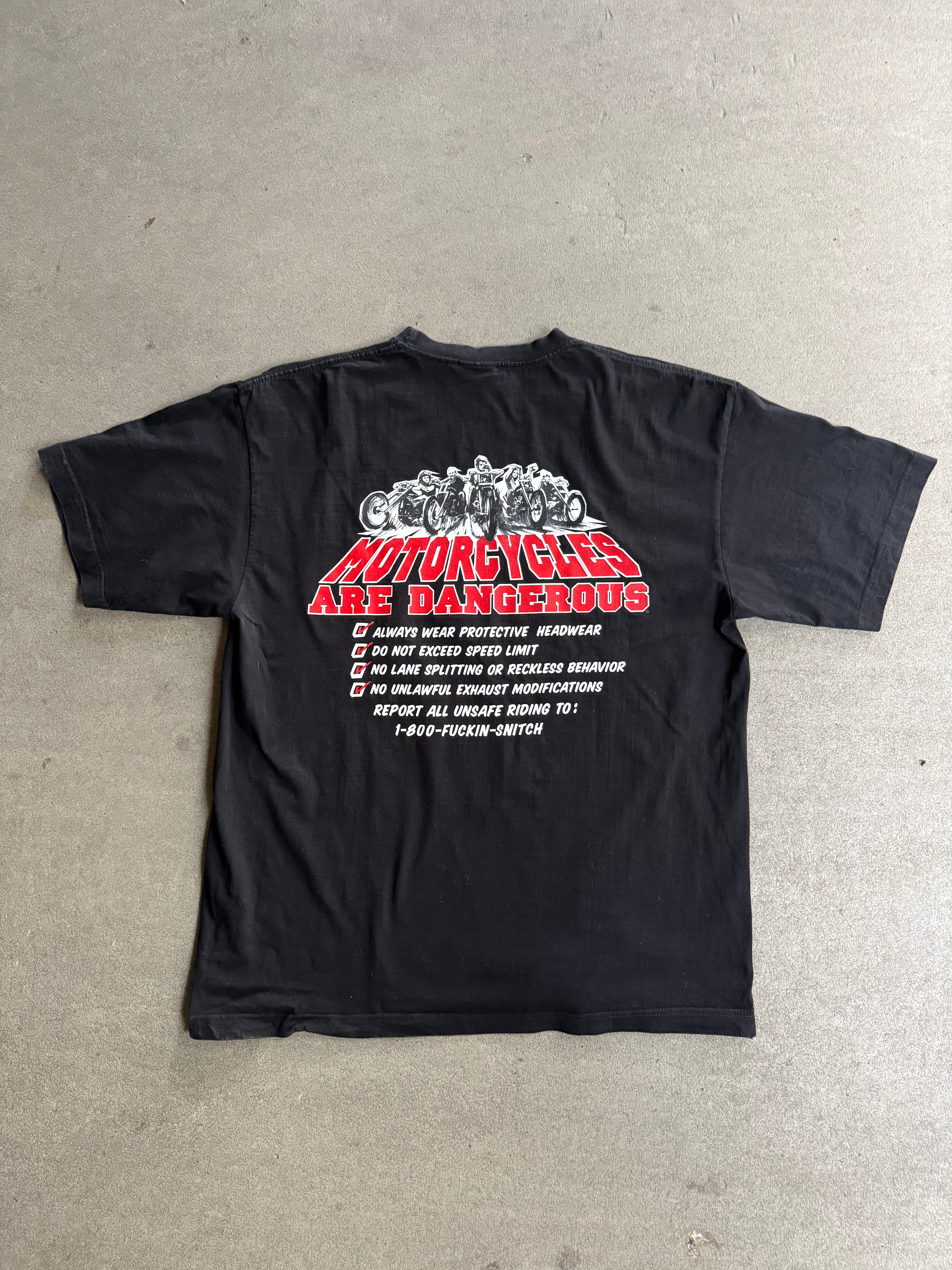 2000S WEST COAST CHOPPERS - "MOTORCYCLES ARE DANGEROUS" - EUROPEAN TAG T-SHIRT (L)