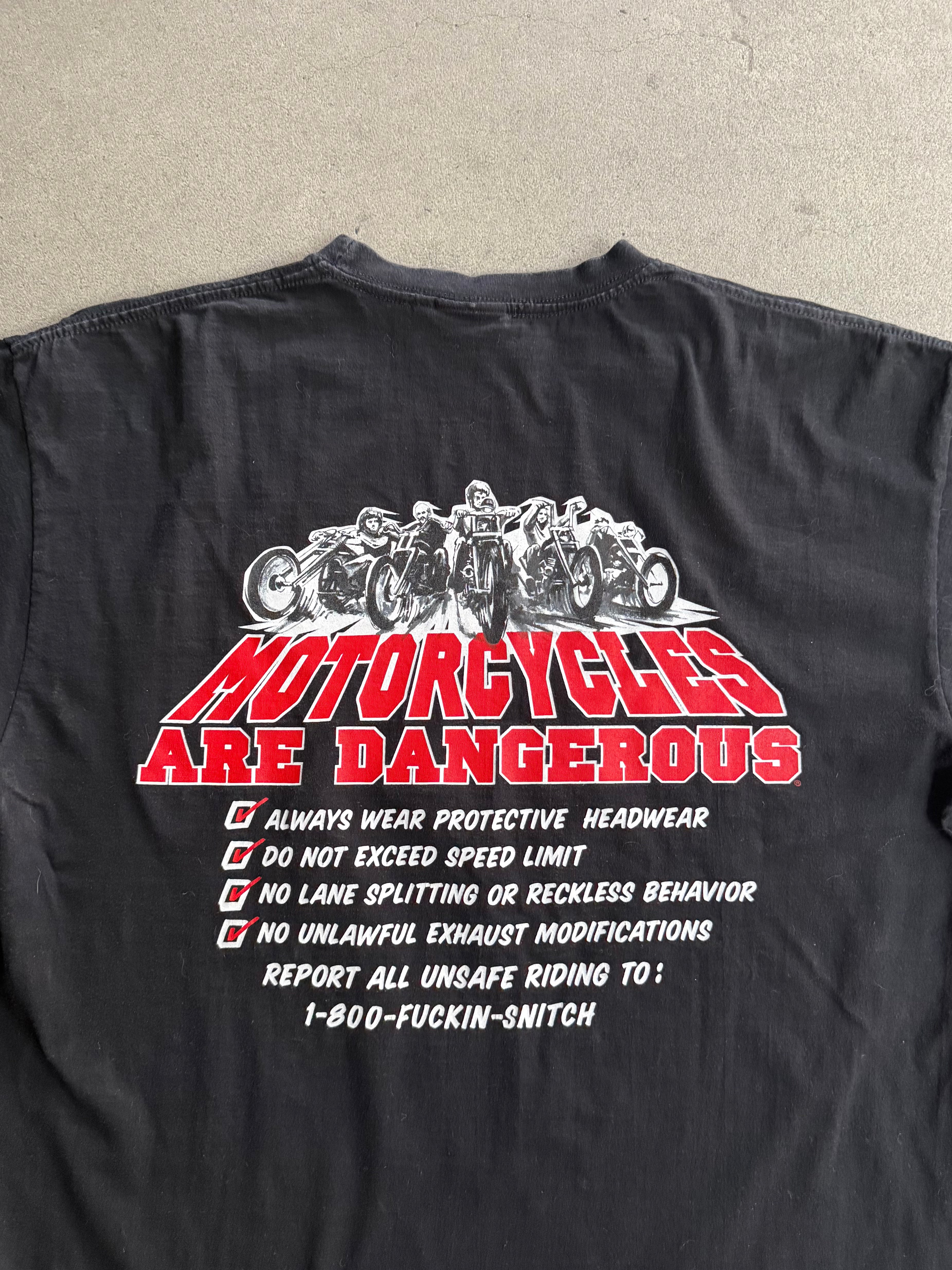 2000S WEST COAST CHOPPERS - "MOTORCYCLES ARE DANGEROUS" - EUROPEAN TAG T-SHIRT (L)